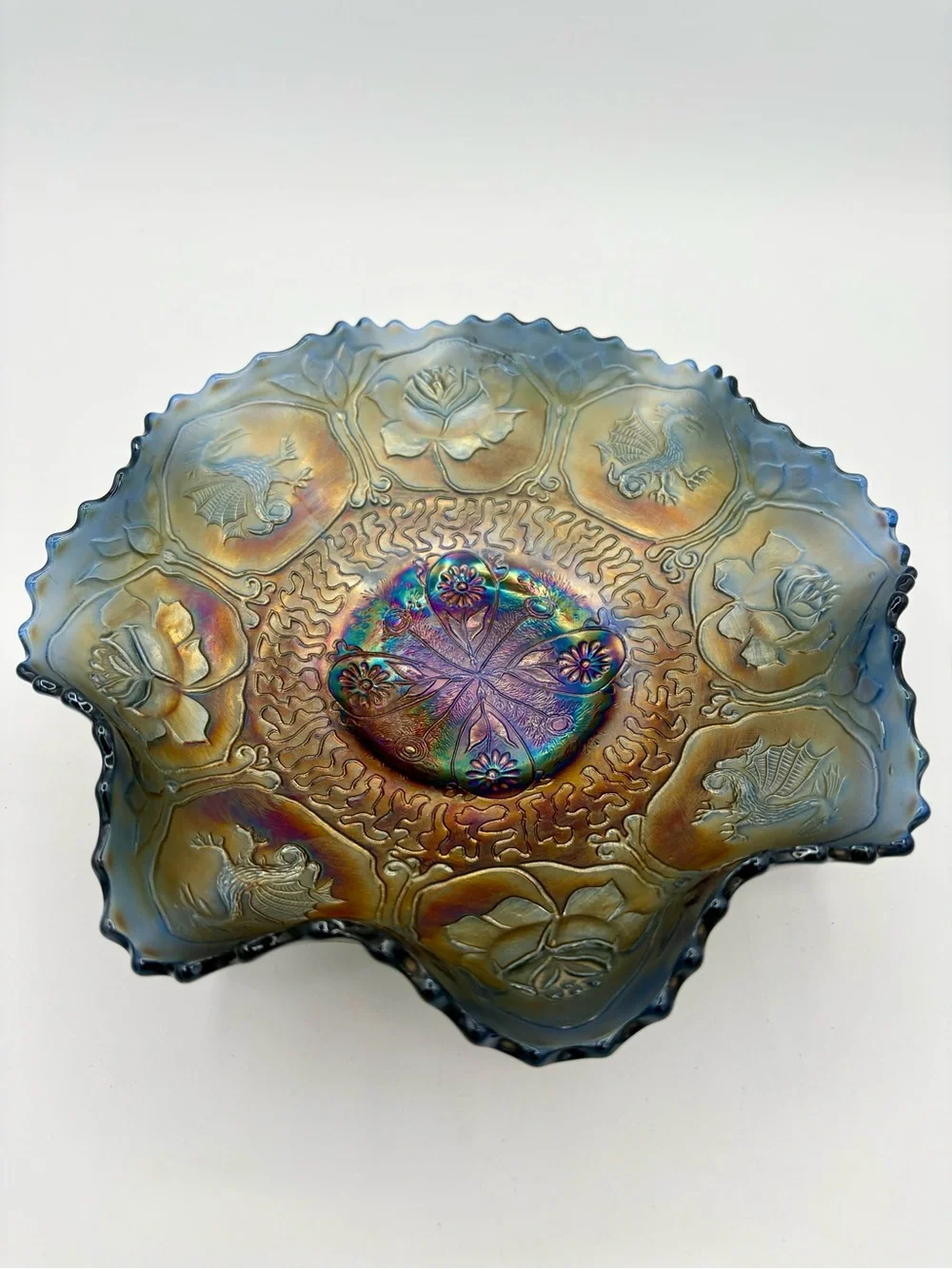 🐉 ANTIQUE FENTON Cobalt Carnival Glass Dragon & Lotus Bowl Iridescent Vintage